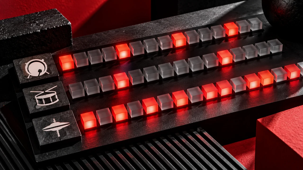 Red and black step sequencer blocks arranged as a drum pattern